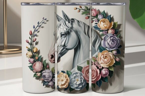 Floral White Horse 20oz Tumbler Wrap