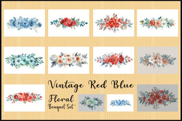 Vintage Red Blue Floral Bouquet Set